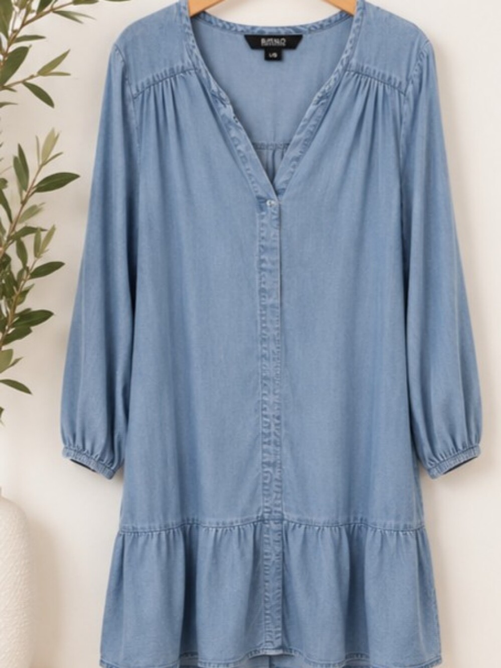 NWT Buffalo Lyocell Chambray Button Front Tiered Ruffle Hem Dress Size L